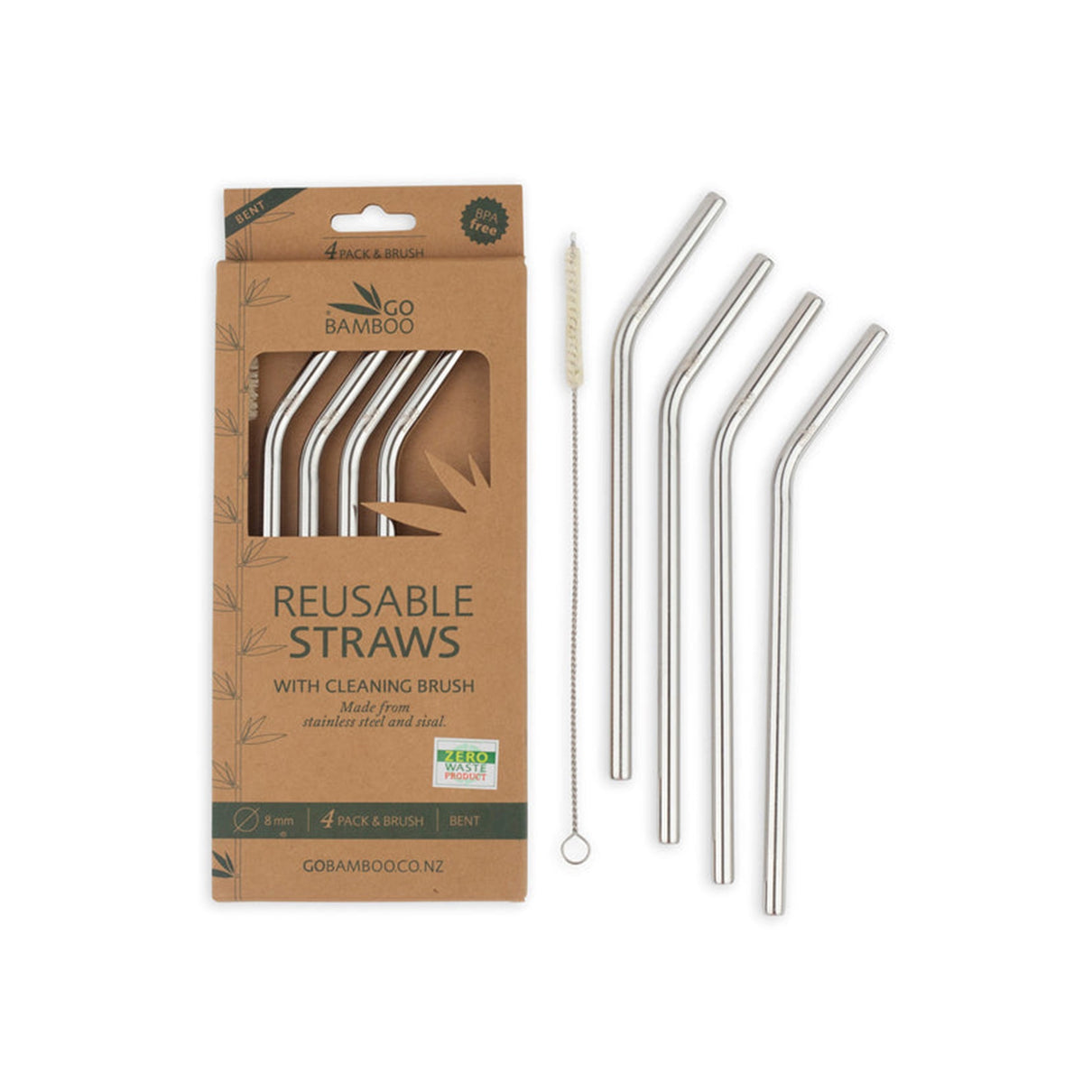 GO BAMBOO STAINLESS STEEL STRAWS 4PK