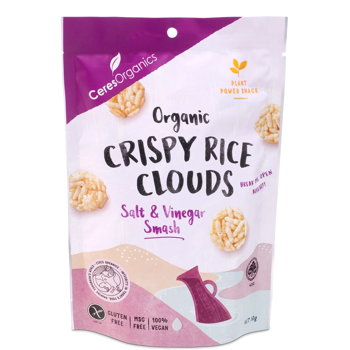 CERES ORGANICS CRISPY RICE CLOUDS SALT AND VINEGAR 50G