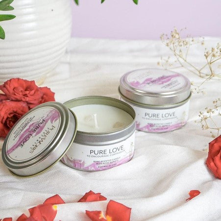PURE WORKS PURE LOVE CANDLE ROSE & ROSE QUARTZ TIN 80G