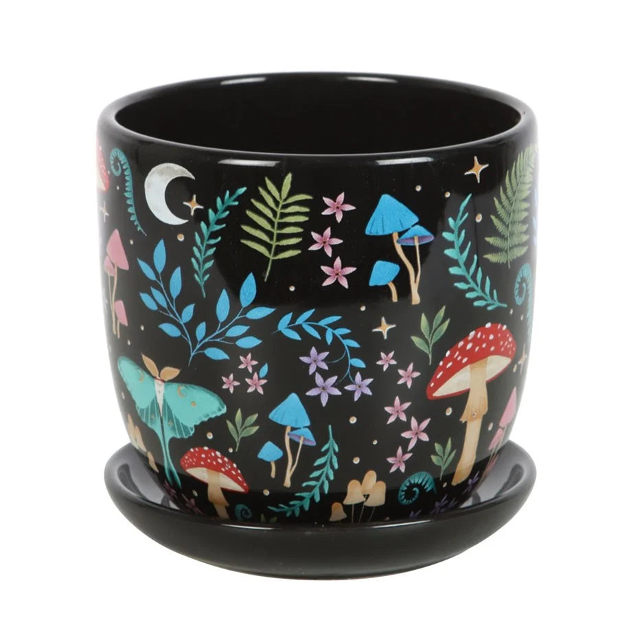 DARK FOREST CERAMIC PLANT POT WITH SAUCER