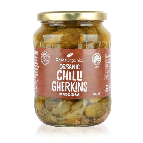 CERES ORGANIC WHOLE SPICY GHERKINS 670G