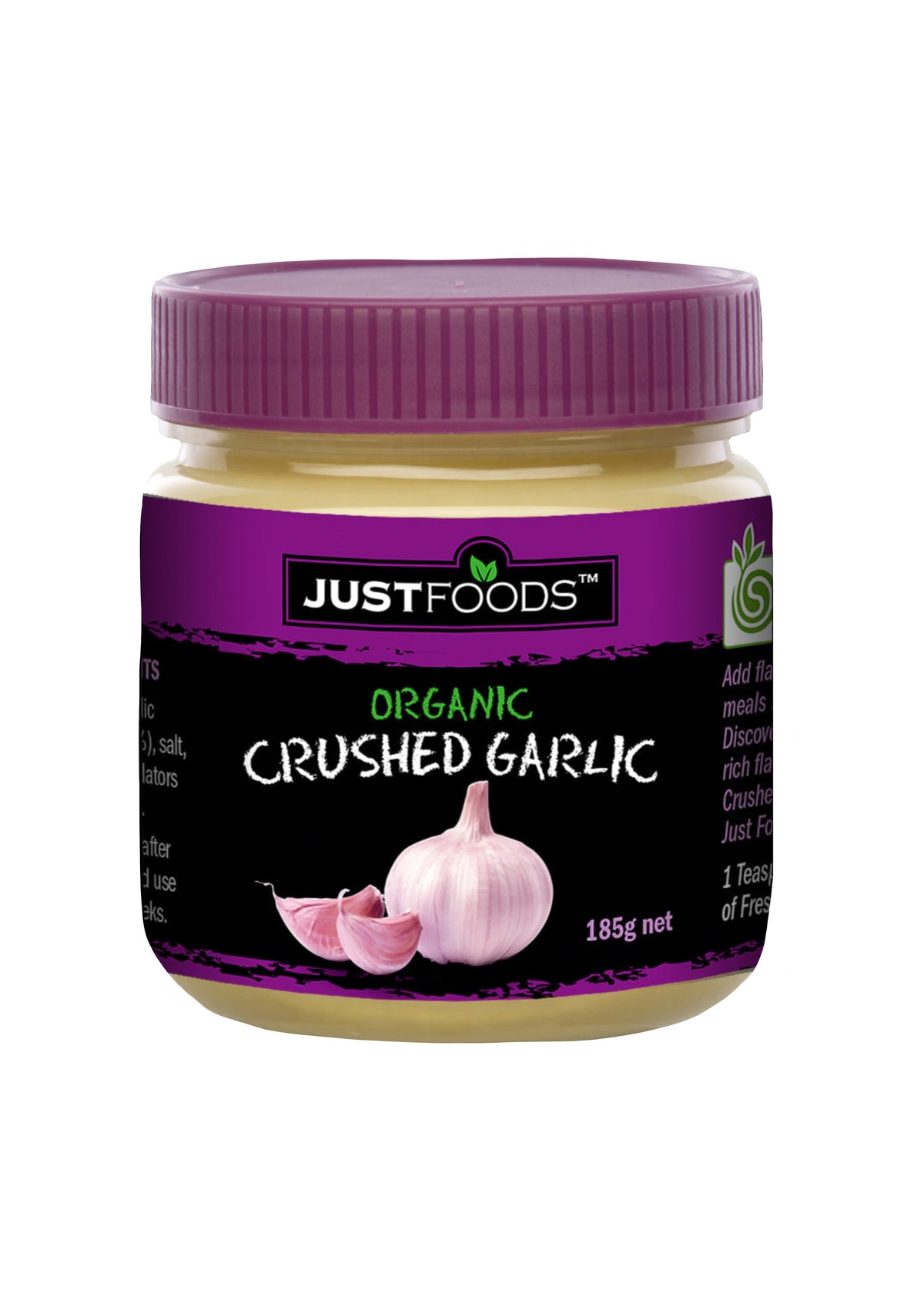 JUST FOODS CRUSHED ORGANIC GARLIC 185G