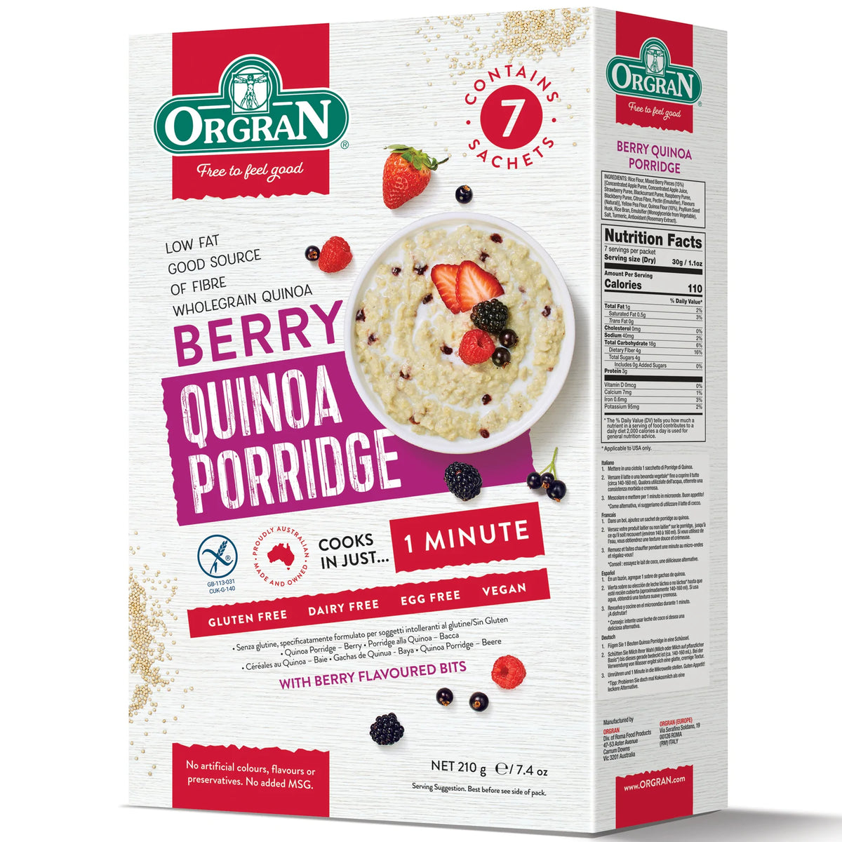 ORGRAN QUINOA PORRIDGE BERRY 210G