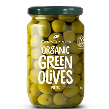 CERES ORGANIC GREEN OLIVES PITTED 315G