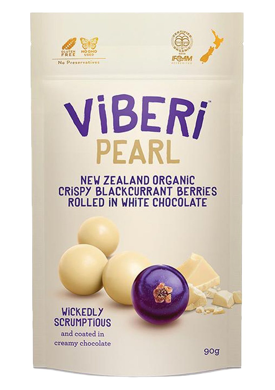 VIBERI PEARL CRISP WHITE CHOCOLATE COVERED BLACKCURRANTS 90G
