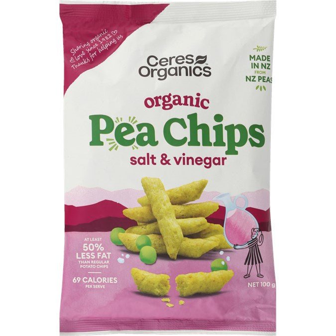 CERES BIO POPPED PEA CHIPS SALT & VINEGAR 100G