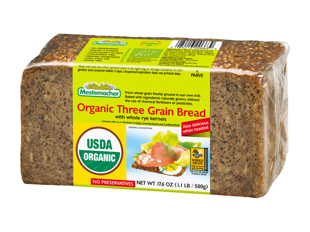 MESTEMACHER ORGANIC THREE GRAIN BREAD 500G