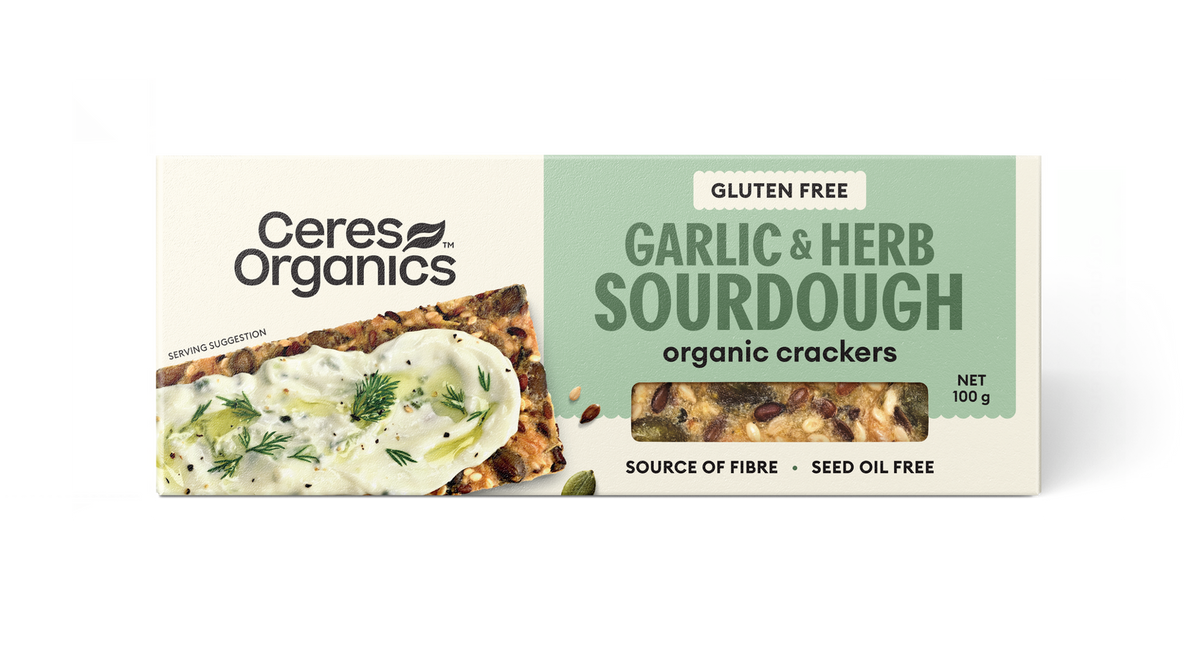 CERES ORGANICS SOURDOUGH CRACKERS GARLIC HERB 100G