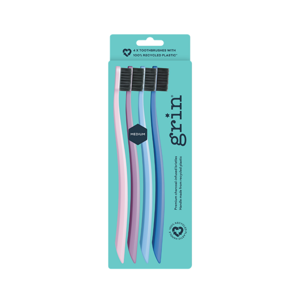 GRIN 100% RECYCLED TOOTHBRUSH PURPLE MEDIUM 4PK