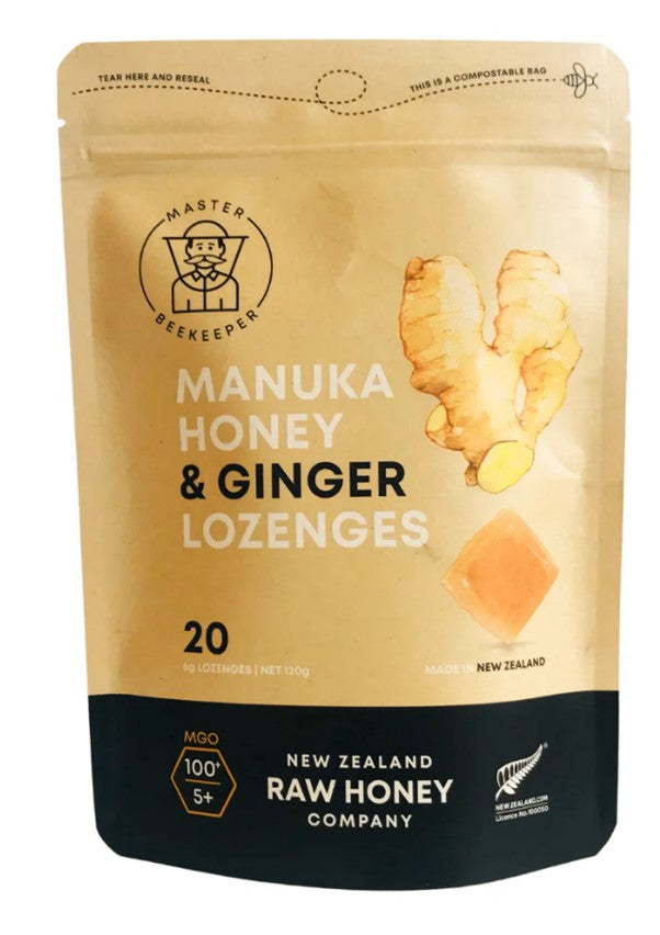MASTER BEEKEEPER MANUKA GINGER LOZENGES 100G 20 X 5G LOZENGES