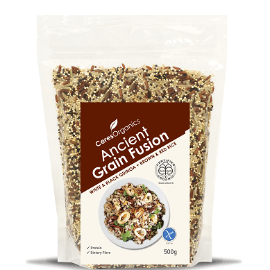 CERES ORGANIC ANCIENT GRAIN FUSION 500G LG BROWN RICE WHITE QUINOA LG RED RICE BLACK QUINOA