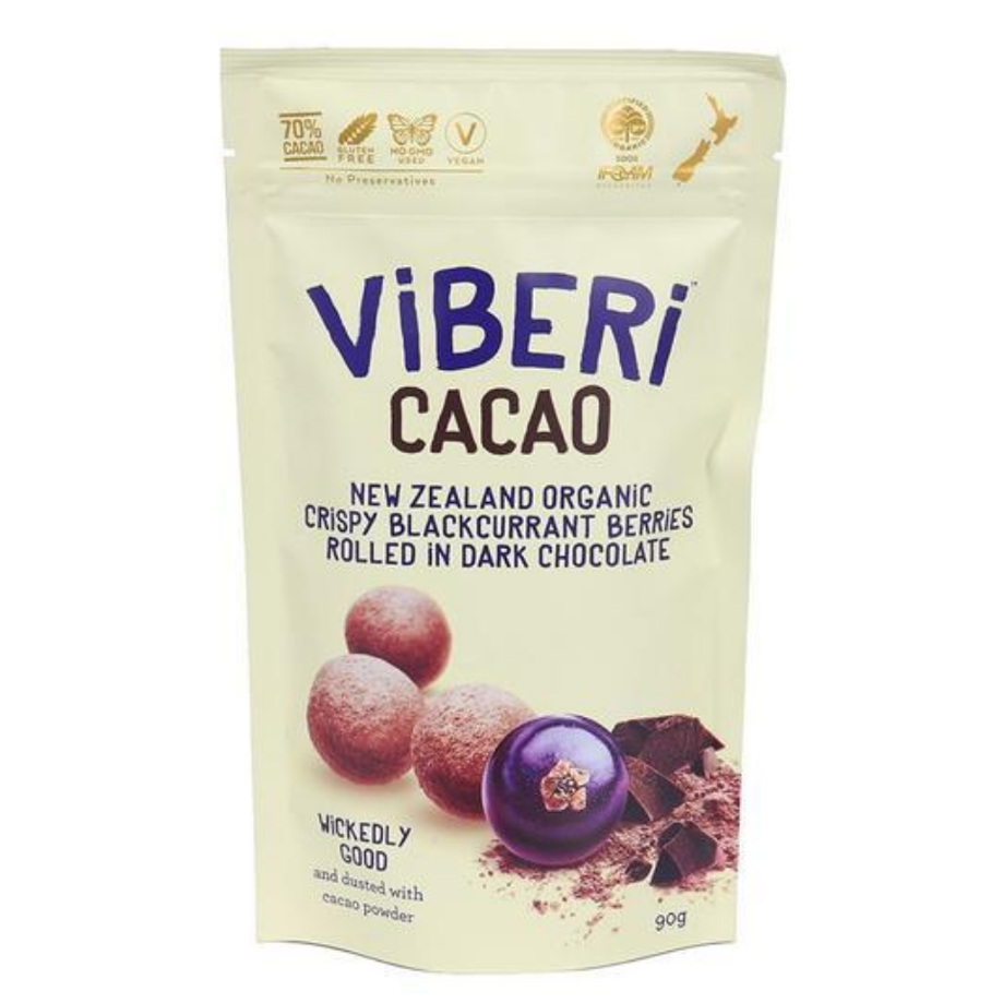 VIBERI CACAO DARK CHOCOLATE COATED BLACKCURRANTS 90G