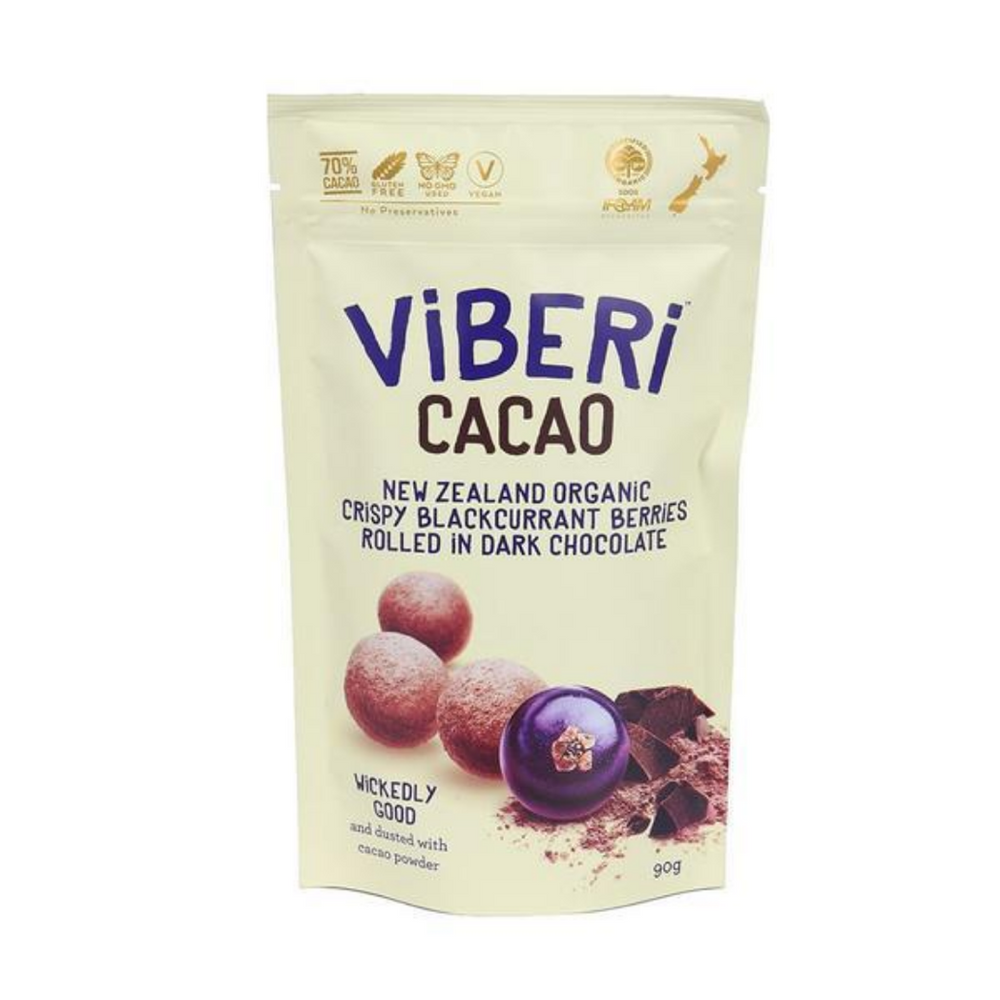 VIBERI CACAO DARK CHOCOLATE COATED BLACKCURRANTS 90G