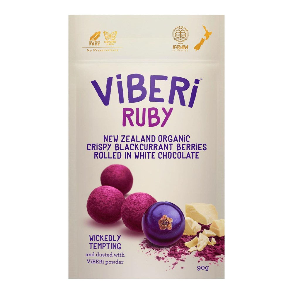 VIBERI RUBY WHITE CHOCOLATE COATED BLACKCURRANTS 90G