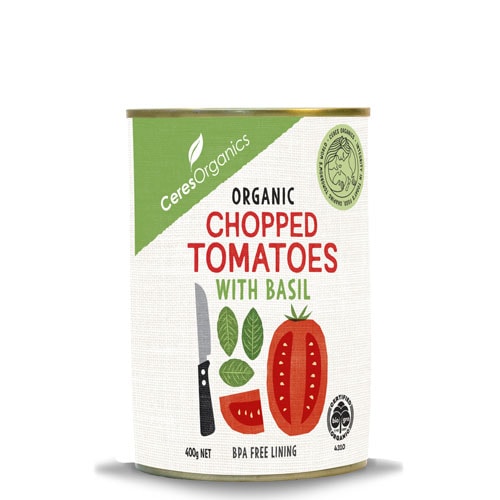CERES ORGANIC CHOPPED TOMATOES WITH BASIL CAN 400G