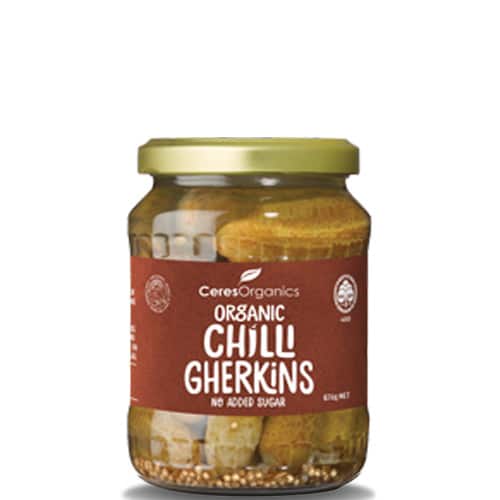 CERES ORGANIC WHOLE SPICY GHERKINS 670G