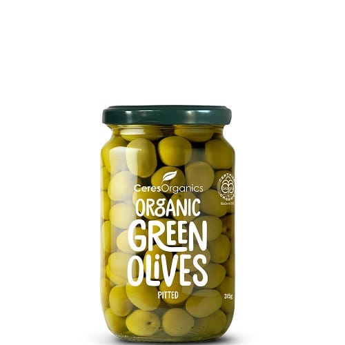CERES ORGANIC GREEN OLIVES PITTED 315G
