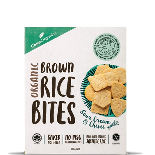 CERES ORGANIC RICE BITES SOUR CREAM & CHIVE 100G