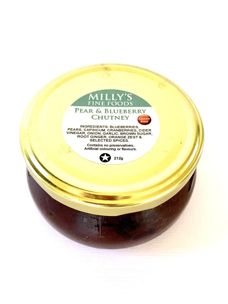 MILLYS FINE FOODS BEETROOT PEAR AND BLUEBERRY CHUTNEY 212G